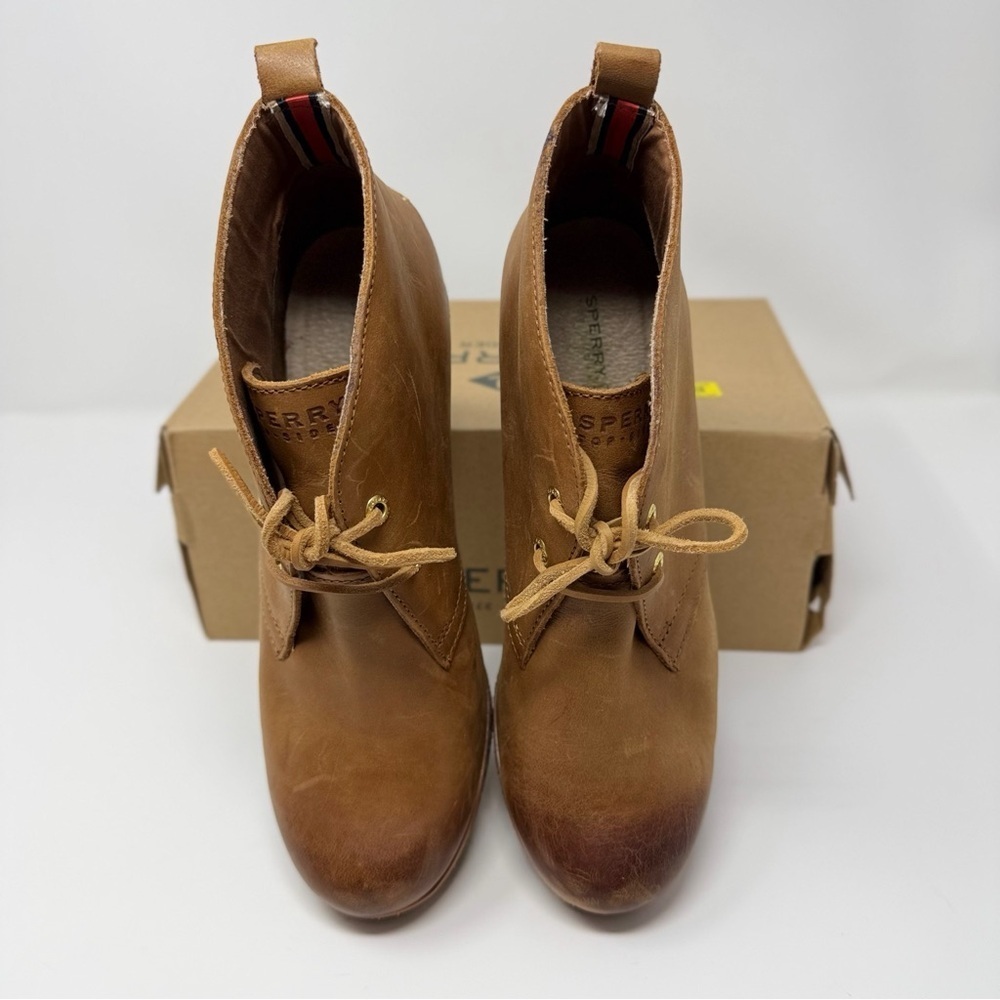 Sperry Harlow Burnished Wedge Booties Brown Leather Lace Up Ankle Boots Size 9 - Picture 10 of 16